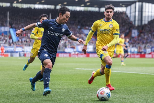 Soccer 2 Bundesliga 29 Matchday VfL Bochum Eintracht Braunschweig on 12 04 2026 at Vonovia Ruhrstadion in Bochum Koji Miyoshi Bochum , left Fabio Di Michele Sanchez Braunschweig , right DFL regulations prohibit any use of photographs as image sequences and or quasi video xJRx