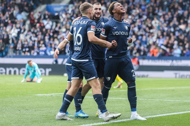 Soccer 2 Bundesliga 29 Matchday VfL Bochum Eintracht Braunschweig on 12 04 2026 at Vonovia Ruhrstadion in Bochum Goal celebration to 3 0 by Farid Alfa Ruprecht Bochum DFL regulations prohibit any use of photographs as image sequences and or quasi video xJRx