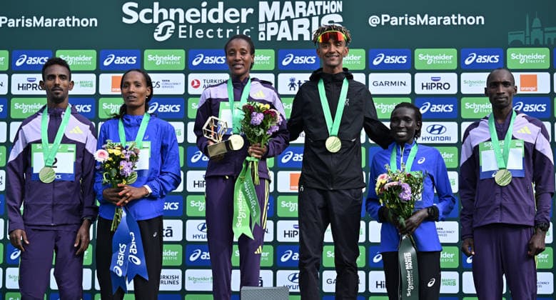 49th Paris Marathon PARIS, FRANCE - APRIL 12: (Left to Right) Men’s silver medalist Bayelign Teshager of Ethiopia, women’s silver medalist Misgane Alemayehu of Ethiopia, women’s gold medalist Shure Demise of Ethiopia, men’s gold medalist Yemaneberhan Crippa of Italia, women’s bronze medalist Magdaline Masai of Kenya and men’s bronz medalist Sila Kiptoo of Kenya pose for a photo following the Paris Marathon in Paris, France on April 12, 2026. Mustafa Yalcin Anadolu Paris France. Editorial use only. Please get in touch for any other usage.  Copyright: x2026xAnadoluxMustafaxYalcinx