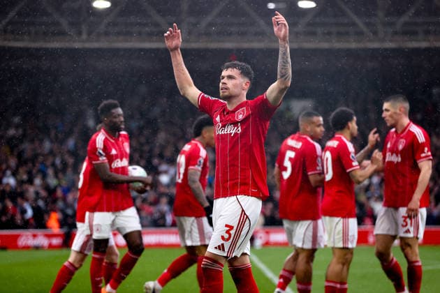Nottingham Forest v Aston Villa, Premier League Neco Williams of Nottingham Forest celebrates his equalising goal 1-1 during the Nottingham Forest v Aston Villa Premier League match at the City Ground, West Bridgford, England on 12 April 2026 Credit: Ryan Crockett Every Second Media Editorial use only. All images are copyright Every Second Media Limited. No images may be reproduced without prior permission. All rights reserved. Premier League and Football League images are subject to licensing agreements with Football DataCo Limited. see https: www.football-dataco.com Copyright: xIMAGO EveryxSecondxMediax ESM-1903-0035 RyanxCrockettx xEveryxSecondxMediax
