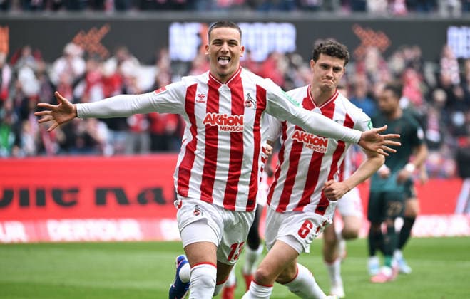 Fussball, Bundesliga, Deutschland, Herren, Saison 2025 2026, 29. Spieltag, Rhein Energie Stadion Köln, 1. FC Köln - SV Werder Bremen;Jubel Said El Mala (KOE) nach seinem Tor zum 1:0 durch Elfmeter. Jubel, Freude, Aktion. *** Football, Bundesliga, Germany, Men, Season 2025 2026, Matchday 29, Rhein Energie Stadion Köln, 1 FC Köln SV Werder Bremen Cheers Said El Mala KOE after his goal for 1 0 by penalty kick Cheers, joy, action