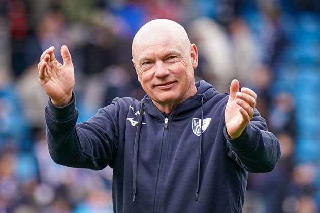 Germany Soccer 2 Bundesliga 2025 2026, 29 Matchday VfL Bochum vs Eintracht Braunschweig Vonovia Ruhrstadion Uwe Rösler Uwe Roesler Uwe Rosler Coach, VfL Bochum Joy, Emotions, Cheering, Gesture, Gesture, Emotion Copyright: xJOERANxSTEINSIEKx