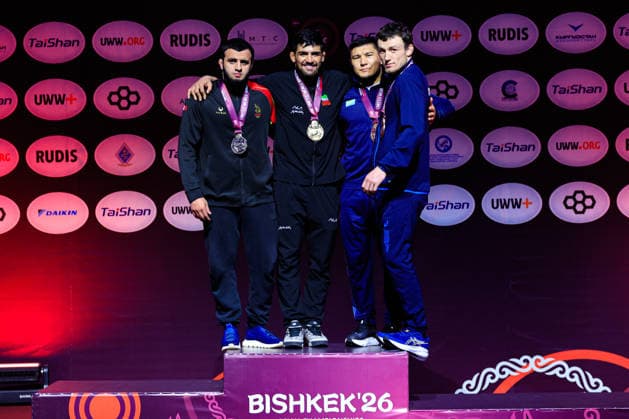 Senior Wrestling Asian Championships Podium 92kg FS Gold Mohammadmobin Gholamali Azimi IRI , Silver Magomed Sharipov BRN , Bronze Azamat Dauletbekov KAZ , Iakov Chaplin KGZ Copyright: xKostadinxAndonovx xUnitedxWorldxWrestlingx Kostadin Andonov United World Wrestling