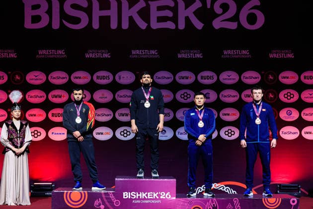 Senior Wrestling Asian Championships Podium 92kg FS Gold Mohammadmobin Gholamali Azimi IRI , Silver Magomed Sharipov BRN , Bronze Azamat Dauletbekov KAZ , Iakov Chaplin KGZ Copyright: xKostadinxAndonovx xUnitedxWorldxWrestlingx Kostadin Andonov United World Wrestling
