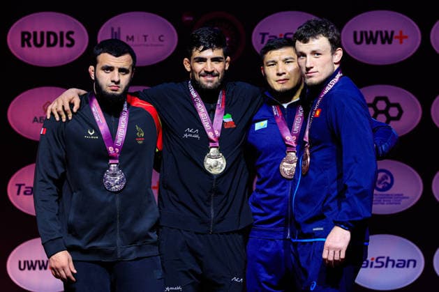 Senior Wrestling Asian Championships Podium 92kg FS Gold Mohammadmobin Gholamali Azimi IRI , Silver Magomed Sharipov BRN , Bronze Azamat Dauletbekov KAZ , Iakov Chaplin KGZ Copyright: xKostadinxAndonovx xUnitedxWorldxWrestlingx Kostadin Andonov United World Wrestling