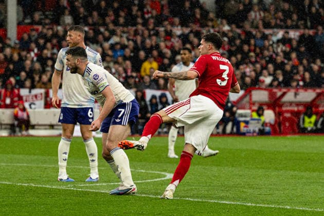 12th April 2026; The City Ground, Nottingham, England; Premier League Football, Nottingham Forest versus Aston Villa; Neco Williams of Nottingham Forest scores in the 38th minute to make the score 1-1 GodfreyxPitt