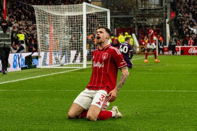 12th April 2026; The City Ground, Nottingham, England; Premier League Football, Nottingham Forest versus Aston Villa; Neco Williams of Nottingham Forest celebrates scoring in the 38th minute to make the score 1-1 GodfreyxPitt