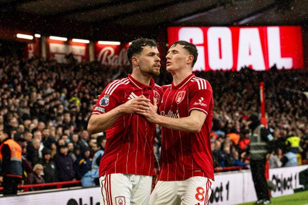 12th April 2026; The City Ground, Nottingham, England; Premier League Football, Nottingham Forest versus Aston Villa; Neco Williams of Nottingham Forest celebrates with Elliot Anderson after scoring in the 38th minute to make the score 1-1 GodfreyxPitt