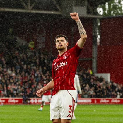 12th April 2026; The City Ground, Nottingham, England; Premier League Football, Nottingham Forest versus Aston Villa; Neco Williams of Nottingham Forest celebrates scoring in the 38th minute to make the score 1-1 GodfreyxPitt