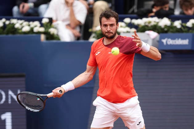 April 12, 2026, Barcelona, Barcelona, Spain: Pedro Martinez of Spain in action agaisnt Marco Trungellitt of Argentina in Qualifying match during the second day of the Barcelona Open Banc Sabadell 2026 at Real Club de Tenis Barcelona on April 12, 2026 in Barcelona, Spain. Barcelona Open Banc Sabadell - Conde Godo 2026 Day 2  - ZUMAa181 20260412_zaa_a181_286 Copyright: xJavierxBorregox