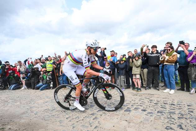 Paris - Roubaix Hauts-de-France 2026 Cycling Race ROUBAIX, FRANCE - APRIL 12 : Pogacar Tadej (SLO) of UAE Team Emirates XRG in action during the 123rd edition of Paris - Roubaix Hauts-de-France an UCI World Tour 1.UWT one day cycling road race for Men Elite of 258 km with start in Compiegne and finish in Roubaix on April 12, 2026 in Roubaix, France, 12 04 2026 ( Motordriver Kenny Verfaillie - Roubaix France  Copyright: xVincentxKalutx