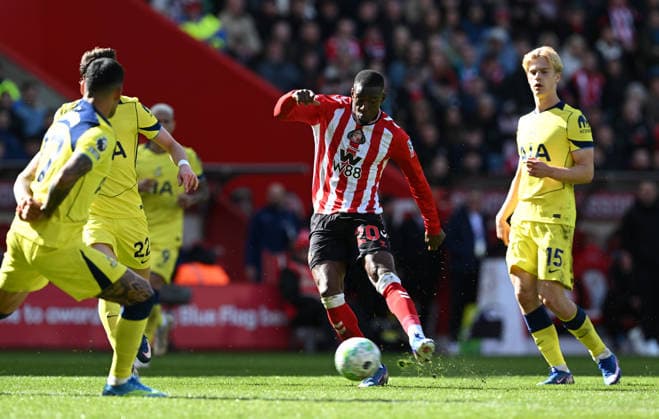 Nordi Mukiele of Sunderland scores the opening goal with a massive deflection off Cristian Romero of Tottenham Hotspur Sunderland v Tottenham Hotspur, Premier League, Football, Stadium of Light, Sunderland, UK - 12 Apr 2026Sunderland Stadium of Light United Kingdom EDITORIAL USE ONLY No use with unauthorised audio, video, data, fixture lists, club league logos or live services. Online in-match use limited to 120 images, no video emulation. No use in betting, games or single club league player publications. Copyright: xGreigxCowie Shutterstockx 16823609r