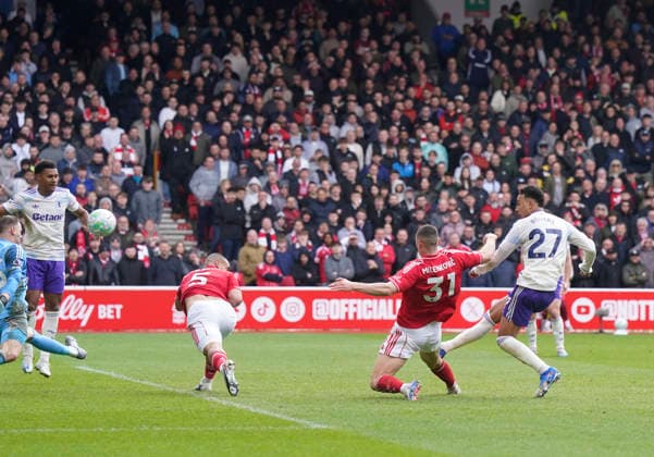 Nottingham, England, 12th April 2026. Morgan Rogers of Aston Villa shoots over the bar during the Nottingham Forest vs Aston Villa Premier League match at the City Ground, Nottingham. Picture credit should read: Andrew Yates Sportimage EDITORIAL USE ONLY. No use with unauthorised audio, video, data, fixture lists, club league logos or live services. Online in-match use limited to 120 images, no video emulation. No use in betting, games or single club league player publications. SPI_043_AY_Forest_Villa SPI-4682-0043