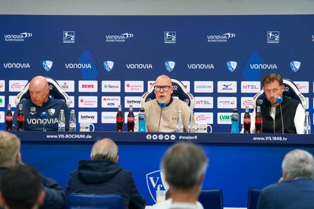 Germany Soccer 2 Bundesliga 2025 2026, Matchday 29 VfL Bochum vs Eintracht Braunschweig Vonovia Ruhrstadion Uwe Rösler Uwe Roesler Uwe Rosler Coach, VfL Bochum Press spokesman Jens Fricke and Lars Kornetka Coach, Eintracht Braunschweig Press conference, Media Copyright: xJOERANxSTEINSIEKx