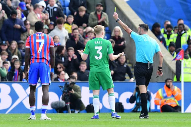 Crystal Palace v Newcastle United, Premier League YELLOW CARD for Malick Thiaw Defender of Newcastle United for the shirt pull on Jean-Philippe Mateta Forward of Crystal Palace during the Premier League match between Crystal Palace and Newcastle United at Selhurst Park, London, UK on 12 April 2026. London Selhurst Park Greater London UK Editorial use only DataCo restrictions apply See www.football-dataco.com , Copyright: xJeffxMoodx PSI-24076-0018