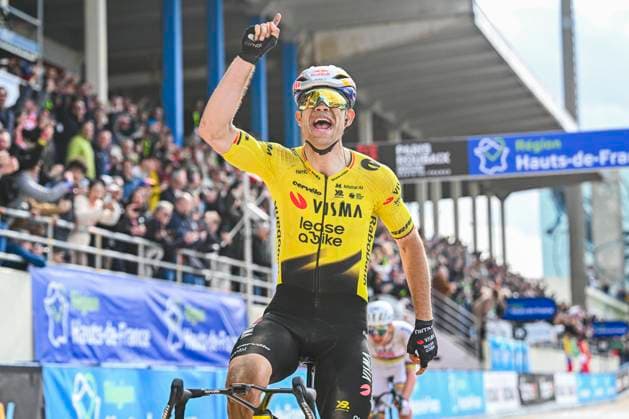 Paris - Roubaix Hauts-de-France 2026 Cycling Race ROUBAIX, FRANCE - APRIL 12 : Van Aert Wout (BEL) of Team Visma Lease a Bike celebrating his victory during the 123rd edition of Paris - Roubaix Hauts-de-France an UCI World Tour 1.UWT one day cycling road race for Men Elite of 258 km with start in Compiegne and finish in Roubaix on April 12, 2026 in Roubaix, France, 12 04 2026 ( Motordriver Kenny Verfaillie - Roubaix France  Copyright: xVincentxKalutx