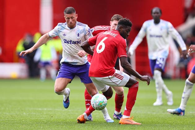 Nottingham Forest v Aston Villa, Premier League Ross Barkley of Aston Villa plays the ball past Ibrahim Sangare of Nottingham Forest during the Nottingham Forest v Aston Villa Premier League match at the City Ground, West Bridgford, England on 12 April 2026 Credit: Ryan Crockett Every Second Media Editorial use only. All images are copyright Every Second Media Limited. No images may be reproduced without prior permission. All rights reserved. Premier League and Football League images are subject to licensing agreements with Football DataCo Limited. see https: www.football-dataco.com Copyright: xIMAGO EveryxSecondxMediax ESM-1903-0053 RyanxCrockettx xEveryxSecondxMediax
