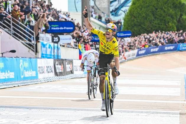 Paris - Roubaix Hauts-de-France 2026 Cycling Race ROUBAIX, FRANCE - APRIL 12 : Van Aert Wout (BEL) of Team Visma Lease a Bike celebrating his victory during the 123rd edition of Paris - Roubaix Hauts-de-France an UCI World Tour 1.UWT one day cycling road race for Men Elite of 258 km with start in Compiegne and finish in Roubaix on April 12, 2026 in Roubaix, France, 12 04 2026 ( Motordriver Kenny Verfaillie - Roubaix France  Copyright: xVincentxKalutx