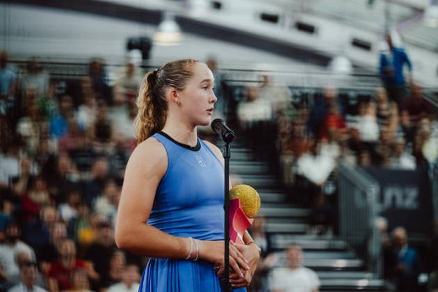 TENNIS - WTA, Tennis Damen Upper Austria Ladies Linz LINZ,AUSTRIA,12.APR.26 - TENNIS - WTA Tour, Upper Austria Ladies Linz. Image shows Mirra Andreeva (RUS) during an interview. Keywords: trophy.  GEPAxpictures xAlexanderxSolc