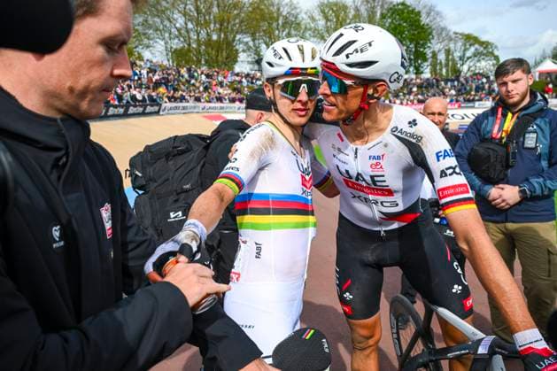 Paris - Roubaix Hauts-de-France 2026 Cycling Race ROUBAIX, FRANCE - APRIL 12 : Pogacar Tadej (SLO) of UAE Team Emirates XRG, Politt Nils (GER) of UAE Team Emirates XRG after the race during the 123rd edition of Paris - Roubaix Hauts-de-France an UCI World Tour 1.UWT one day cycling road race for Men Elite of 258 km with start in Compiegne and finish in Roubaix on April 12, 2026 in Roubaix, France, 12 04 2026 ( Motordriver Kenny Verfaillie - Roubaix France  Copyright: xVincentxKalutx