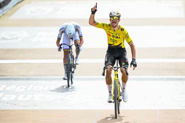 Paris - Roubaix Hauts-de-France 2026 Cycling Race ROUBAIX, FRANCE - APRIL 12 : Van Aert Wout (BEL) of Team Visma Lease a Bike celebrating his victory during the 123rd edition of Paris - Roubaix Hauts-de-France an UCI World Tour 1.UWT one day cycling road race for Men Elite of 258 km with start in Compiegne and finish in Roubaix on April 12, 2026 in Roubaix, France, 12 04 2026 Roubaix France  Copyright: xTomasxSiskx