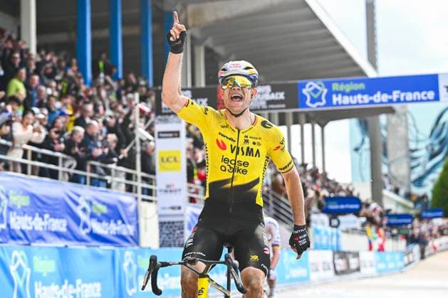 Paris - Roubaix Hauts-de-France 2026 Cycling Race ROUBAIX, FRANCE - APRIL 12 : Van Aert Wout (BEL) of Team Visma Lease a Bike celebrating his victory during the 123rd edition of Paris - Roubaix Hauts-de-France an UCI World Tour 1.UWT one day cycling road race for Men Elite of 258 km with start in Compiegne and finish in Roubaix on April 12, 2026 in Roubaix, France, 12 04 2026 ( Motordriver Kenny Verfaillie - Roubaix France  Copyright: xVincentxKalutx