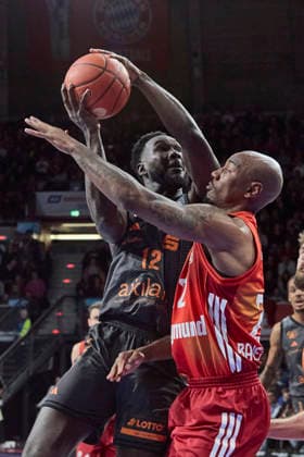 German Basketball Bundesliga BBL , FC Bayern Munich Basketball vs NINERS Chemnitz, Munich FC Bayern Basketball, NINERS Chemnitz, 2026 04 12 in Munich SAP Garden SOW Amadou NINERS Chemnitz Center C Nr12 CHE12 , MIKE Isiaha FC Bayern Munich Basketball Power Forward PF Nr22 FCBB22 sportworld Munich SAP Garden Bayern Germany