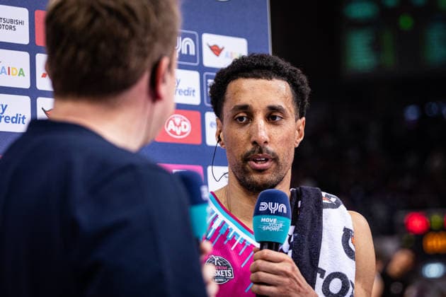 easyCredit Basketball Bundesliga, Telekom Baskets Bonn vs Basketball Löwen Braunschweig, 12 04 2026 Joel Aminu Telekom Baskets Bonn 21 in DYN Interview easyCredit Basketball Bundesliga, Telekom Baskets Bonn vs Basketball Löwen Braunschweig, 12 04 2026, Telekom Dome Bonn Copyright: xBEAUTIFULxSPORTS Derixx