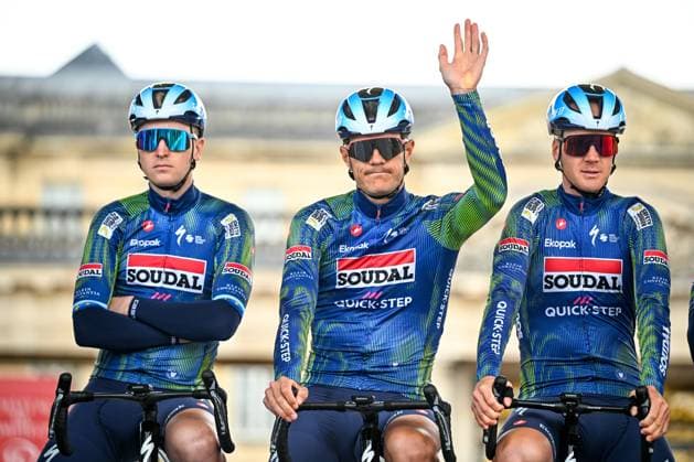 Belgian Yves Lampaert of Soudal Quick-Step, Belgian Tim Merlier of Soudal Quick-Step and Belgian Jasper Stuyven of Soudal Quick-Step pictured before the men s Paris-Roubaix cycling race, Sunday 12 April 2026, around Roubaix, France. The 123rd edition of Paris-Roubaix cycling races will take on Sunday, with the women riding 143,1 km the men riding 258,3 km on Sunday. JASPERxJACOBS  x170572387x