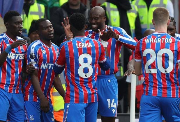 LONDON, ENGLAND, APRIL 12: GOAL 1-1, Jean-Philippe Mateta of Crystal Palace goal celebration with Jefferson Lerma & Tyrick Mitchell of Crystal Palace during the Premier League match between Crystal Palace FC v Newcastle United FC at Selhurst Park Stadium, London, England, on April 12. (Photo by Daniel Weir) Copyright: xDanielxWeir SportsxPressxPhotox Sportspressphoto_SPR128273