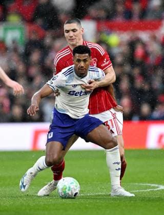 Ollie Watkins of Aston Villa and Nikola Milenkovic of Nottingham Forest Nottingham Forest v Aston Villa, Premier League, Football, City Ground, Nottingham, UK - 12 Apr 2026Nottingham City Ground United Kingdom EDITORIAL USE ONLY No use with unauthorised audio, video, data, fixture lists, club league logos or live services. Online in-match use limited to 120 images, no video emulation. No use in betting, games or single club league player publications. Copyright: xAnnaxGowthorpe Shutterstockx 16823615an