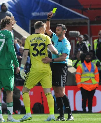 Football - 2025 2026 Premier League - Crystal Palace vs. Newcastle United - Selhurst Park - Sunday 12th April 2026 Goalkeeper, Aaron Ramsdale of Newcastle United is booked before the penalty kick 