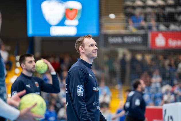 TBV Lemgo Lippe GER vs Fuechse Berlin GER , Handball, Daikin Handball Bundesliga, 28 Matchday, 12 4 2026, Season 2025 2026, Lemgo Mathias Gidsel Fuechse Berlin, 19 when warming up Lemgo Phoenix Contact Arena Germany