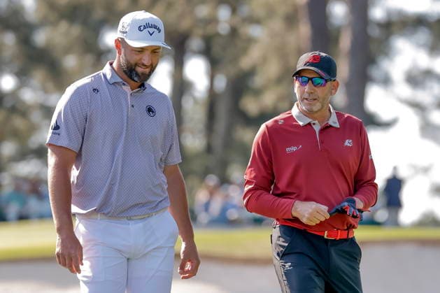 Golf - Masters Tournament round 4 Jon Rahm (L) and Sergio Garcia (R) of Spain walk off the tee on the third hole during the final round of the 2026 Masters Tournament at the Augusta National Golf Club in Augusta, Georgia, USA, 12 April 2026. AUGUSTA GEORGIA United States  Copyright: xERIKxS.xLESSERx