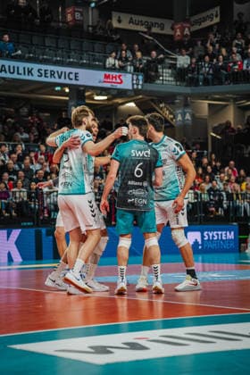 Volleyball mens Bundesliga playoffs semi-finals 2025 2026 SVG Lüneburg vs SWD powervolleys Düren 12 04 2026 The powervolleys Düren cheer