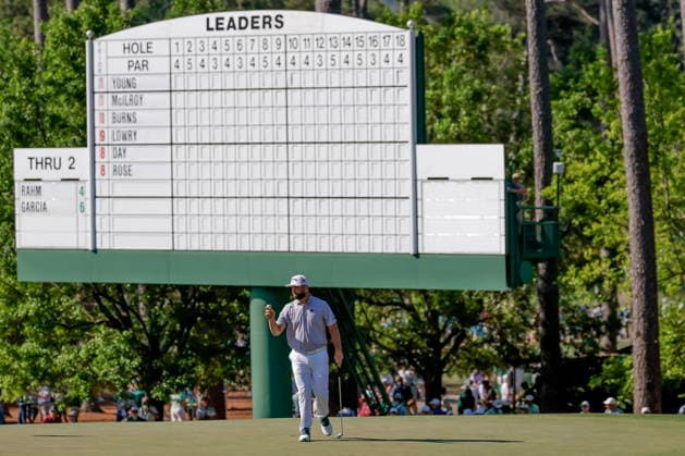 Golf - Masters Tournament round 4 Jon Rahm of Spain reacts after making a putt on the third hole during the final round of the 2026 Masters Tournament at the Augusta National Golf Club in Augusta, Georgia, USA, 12 April 2026. AUGUSTA GEORGIA United States  Copyright: xERIKxS.xLESSERx