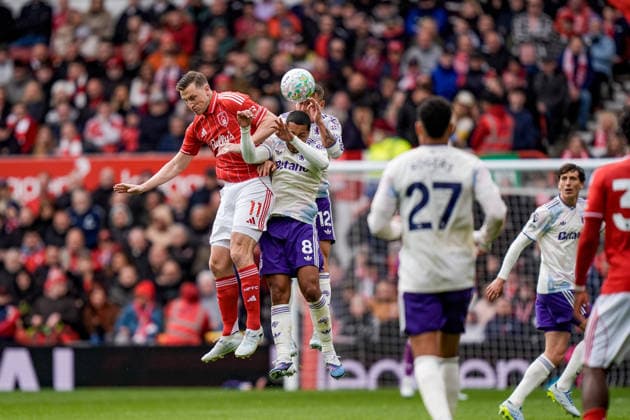 Premier League: Nottingham Forest v Aston Villa Chris Wood of Nottingham Forest leaps t head the ball during the Premier League match Nottingham Forest vs Aston Villa at City Ground, Nottingham, United Kingdom on 12 April 2026 (Photo by Maynard Manyowa News Images) Nottingham City Ground Nottinghamshire United Kingdom Copyright: xMaynardxManyowa NewsxImagesx
