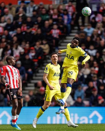 12th April 2026; Stadium of Light, Sunderland, England; Premier League Football, Sunderland versus Tottenham Hotspur; Pape Matar Sarr of Tottenham Hotspur challenges for a header WMxSportsxMedia