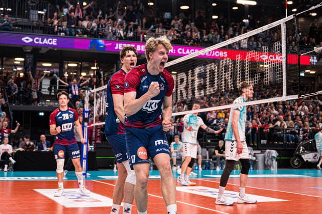 Volleyball I Men I Season 2025 2026 I Bundesliga I Semi-finals I SVG Lüneburg SWD powervolleys Düren I 12 04 2026 Cheers, excitement, enthusiasm, euphoria, joy, happiness, cheerfulness at Axel Valentin Enlund 17, SVG Lüneburg Copyright: xLobeca Björn-OlexKehmx
