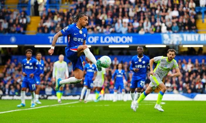 Malo Gusto of Chelsea with a defensive clearance Chelsea v Manchester City, Premier League, Football, Stamford Bridge, London, UK - 12 Apr 2026London Stamford Bridge United Kingdom EDITORIAL USE ONLY No use with unauthorised audio, video, data, fixture lists, club league logos or live services. Online in-match use limited to 120 images, no video emulation. No use in betting, games or single club league player publications. Copyright: xJavierxGarcia Shutterstockx 16823620af