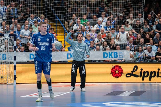 TBV Lemgo Lippe GER vs Fuechse Berlin GER , Handball, Daikin Handball Bundesliga, 28 Matchday, 12 4 2026, Season 2025 2026, Lemgo Constantin Moestl TBV Lemgo Lippe, 01 cheers after a save Lemgo Phoenix Contact Arena Germany