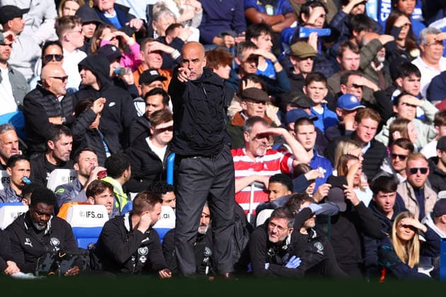 London, England, 12th April 2026. Pep Guardiola, Manager of Manchester City reacts during the Chelsea vs Manchester City Premier League match at Stamford Bridge, London. Picture credit should read: Paul Terry Sportimage EDITORIAL USE ONLY. No use with unauthorised audio, video, data, fixture lists, club league logos or live services. Online in-match use limited to 120 images, no video emulation. No use in betting, games or single club league player publications. SPI_019_PT_Chelsea_Man_City SPI-4683-0019