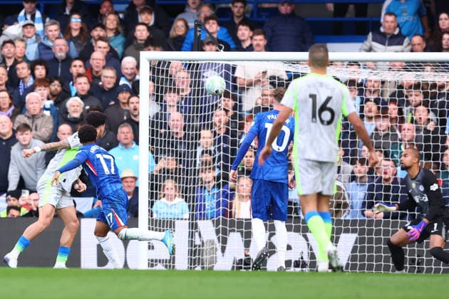 London, England, 12th April 2026. Nico O™Reilly of Manchester City scores to make it 1-0 during the Chelsea vs Manchester City Premier League match at Stamford Bridge, London. Picture credit should read: Paul Terry Sportimage EDITORIAL USE ONLY. No use with unauthorised audio, video, data, fixture lists, club league logos or live services. Online in-match use limited to 120 images, no video emulation. No use in betting, games or single club league player publications. SPI_034_PT_Chelsea_Man_City SPI-4683-0034
