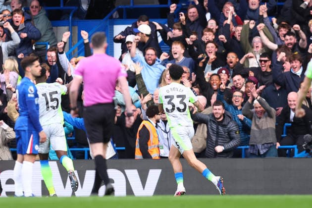 London, England, 12th April 2026. Nico O™Reilly of Manchester City celebrates after scoring to make it 1-0 during the Chelsea vs Manchester City Premier League match at Stamford Bridge, London. Picture credit should read: Paul Terry Sportimage EDITORIAL USE ONLY. No use with unauthorised audio, video, data, fixture lists, club league logos or live services. Online in-match use limited to 120 images, no video emulation. No use in betting, games or single club league player publications. SPI_036_PT_Chelsea_Man_City SPI-4683-0036