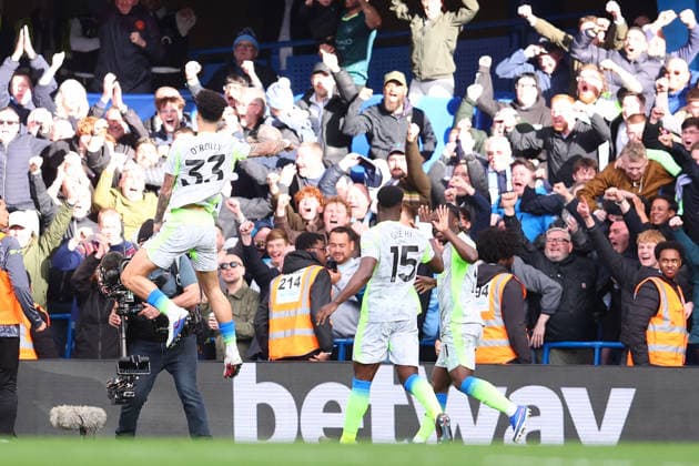 London, England, 12th April 2026. Nico O™Reilly of Manchester City celebrates after scoring to make it 1-0 during the Chelsea vs Manchester City Premier League match at Stamford Bridge, London. Picture credit should read: Paul Terry Sportimage EDITORIAL USE ONLY. No use with unauthorised audio, video, data, fixture lists, club league logos or live services. Online in-match use limited to 120 images, no video emulation. No use in betting, games or single club league player publications. SPI_038_PT_Chelsea_Man_City SPI-4683-0038