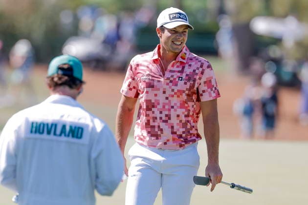 Golf - Masters Tournament round 4 Viktor Hovland of Norway reacts on the third hole during the final round of the 2026 Masters Tournament at the Augusta National Golf Club in Augusta, Georgia, USA, 12 April 2026. AUGUSTA GEORGIA United States  Copyright: xERIKxS.xLESSERx