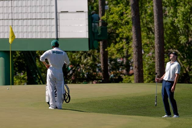 Golf - Masters Tournament round 4 Matt McCarty of the US reacts after missing a putt from off the green on the third hole during the final round of the 2026 Masters Tournament at the Augusta National Golf Club in Augusta, Georgia, USA, 12 April 2026. AUGUSTA GEORGIA United States  Copyright: xERIKxS.xLESSERx