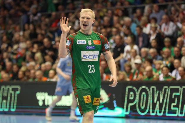 12 04 2026, xgox, Handball Daikin HBL SC Magdeburg HC Erlangen emspor, v l Magnus Saugstrup Magdeburg, 23 Jubel, Torjubel, jubelt über das Tor, celebrate the goal, celebration Magdeburg