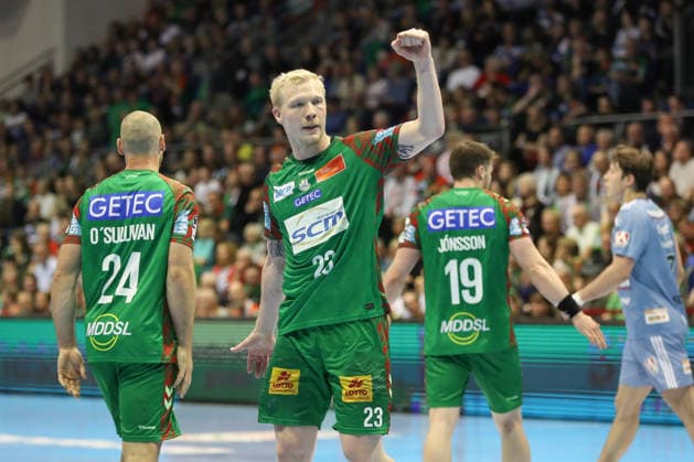 12 04 2026, xgox, Handball Daikin HBL SC Magdeburg HC Erlangen emspor, v l Magnus Saugstrup Magdeburg, 23 Jubel, Torjubel, jubelt über das Tor, celebrate the goal, celebration Magdeburg