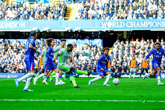 Chelsea v Manchester City, Premier League Goal 0-2 Marc GuÃ hi (15) of Manchester City scores a goal during the Premier League match between Chelsea and Manchester City at Stamford Bridge, London, UK on 12 April 2026. Editorial use only DataCo restrictions apply See www.football-dataco.com , Copyright: xNigelxKeenex PSI-24056-0080